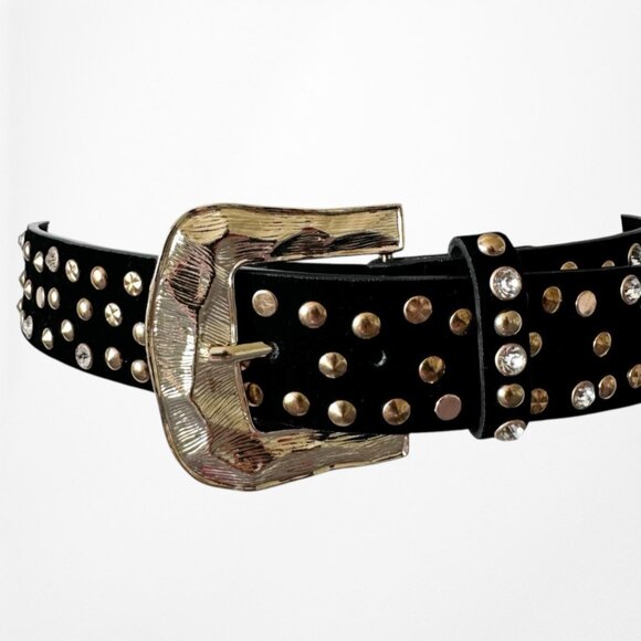 Zara Black Suede Gold Hardware Rhinestone Western Cowboy Inspired Belt - Picture 3 of 4
